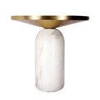 17 Inch Round Brass Modern Accent End Table with Cylindrical Marble Base, Brass, White