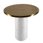 17 Inch Round Brass Modern Accent End Table with Cylindrical Marble Base, Brass, White