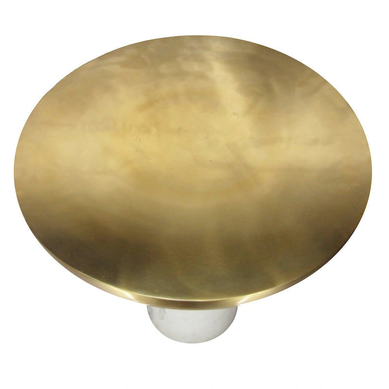 17 Inch Round Brass Modern Accent End Table with Cylindrical Marble Base, Brass, White