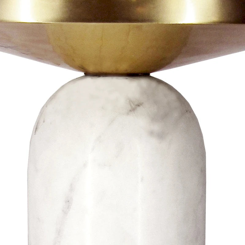 17 Inch Round Brass Modern Accent End Table with Cylindrical Marble Base, Brass, White