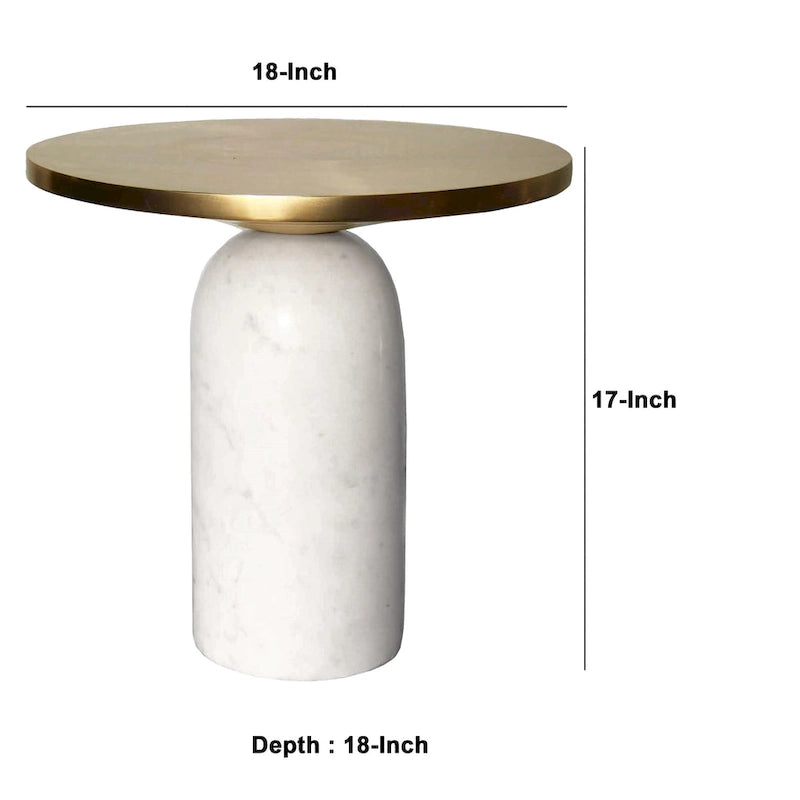 17 Inch Round Brass Modern Accent End Table with Cylindrical Marble Base, Brass, White