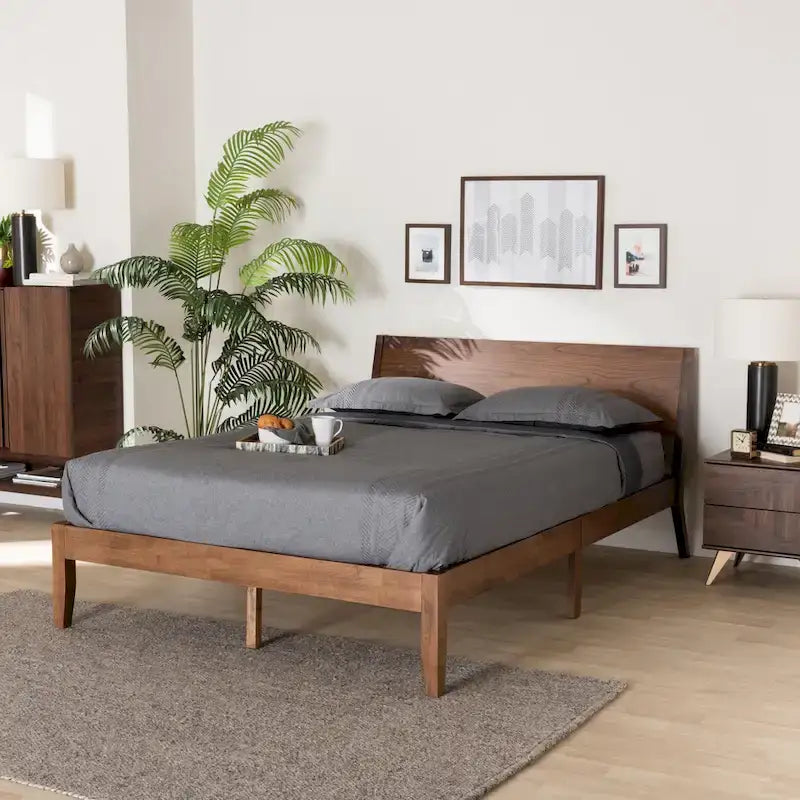Salvatore Mid-Century Modern Walnut Brown Finished Wood Platform Bed