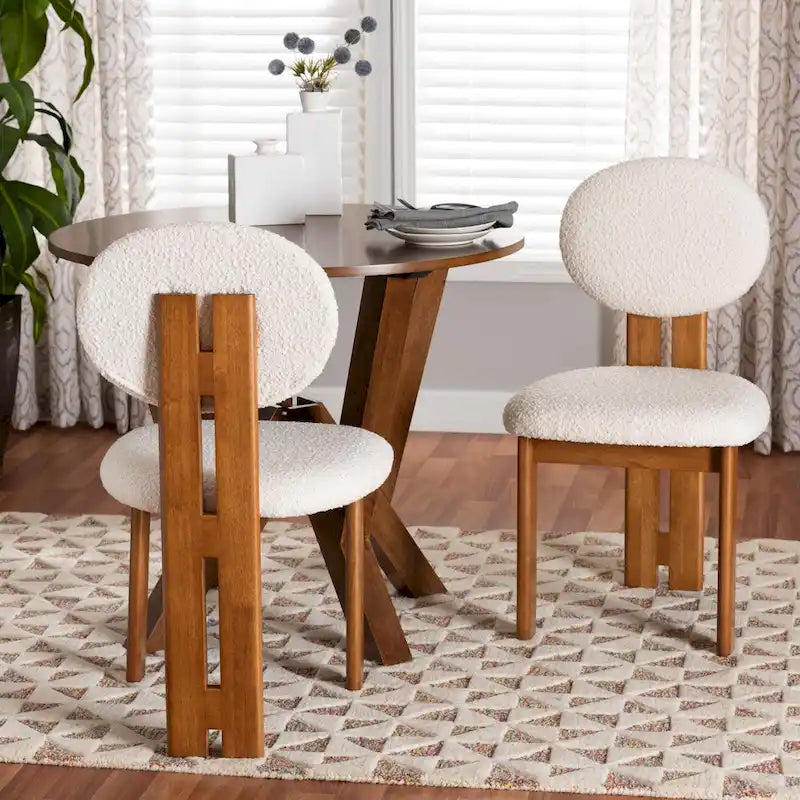 Kacela Modern Japandi Boucle Fabric and Wood 2-Piece Dining Chair Set