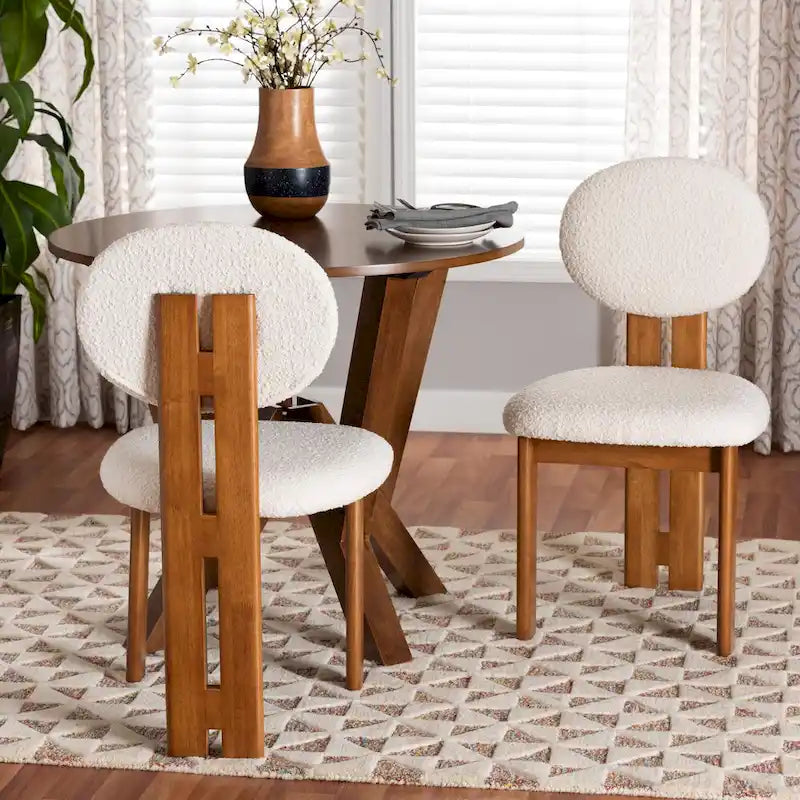 Kacela Modern Japandi Boucle Fabric and Wood 2-Piece Dining Chair Set
