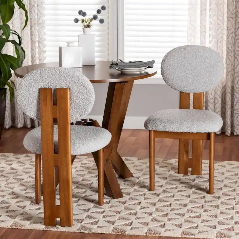 Kacela Modern Japandi Boucle Fabric and Wood 2-Piece Dining Chair Set