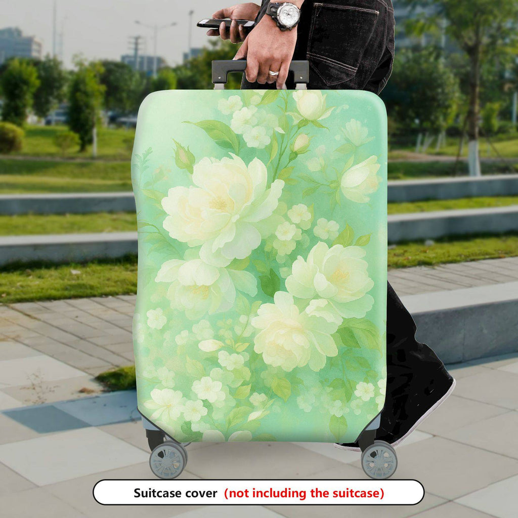 1-Piece Green Floral Pattern White Rose Vintage Style Elegant Travel  Suitcase Luggage Cover, Stretch Protective Sleeve