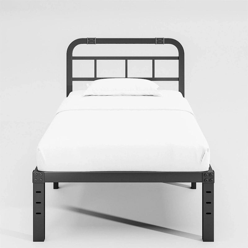 Industrial Style Metal Bed Frame with Headboard and Support