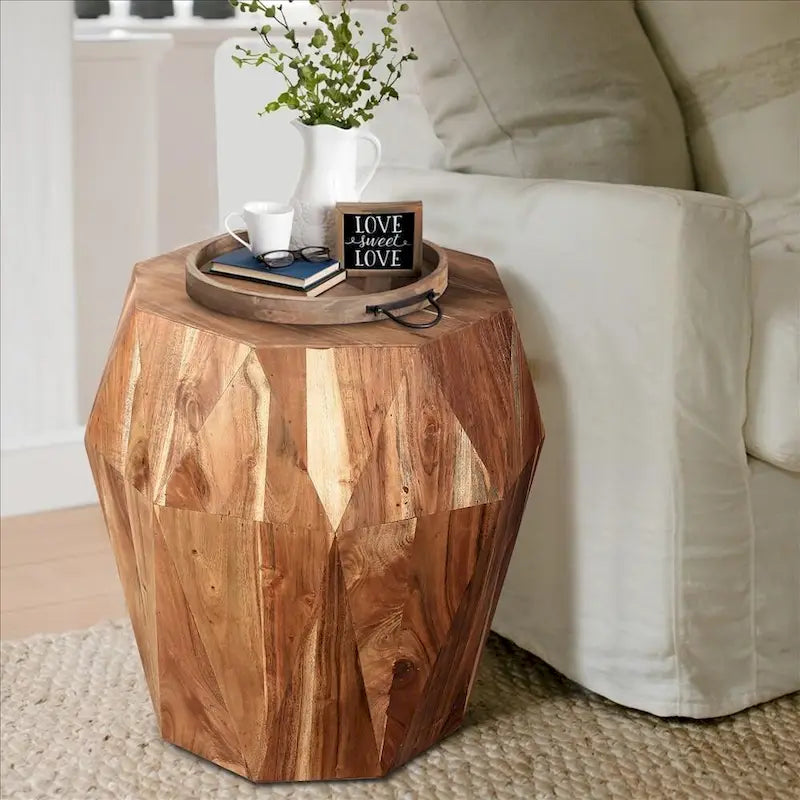 21.5 Inch Faceted Handcrafted Mango Wood Side End Table with Octagonal Top, Natural Brown - 16L x 16W x 21.5H