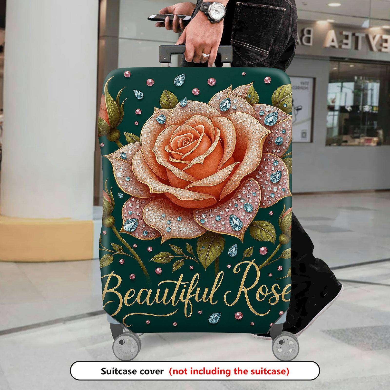 1-Piece Floral Rose Crystal Diamond Elegant Artistic  Suitcase Luggage Cover, Stretch Protective Sleeve