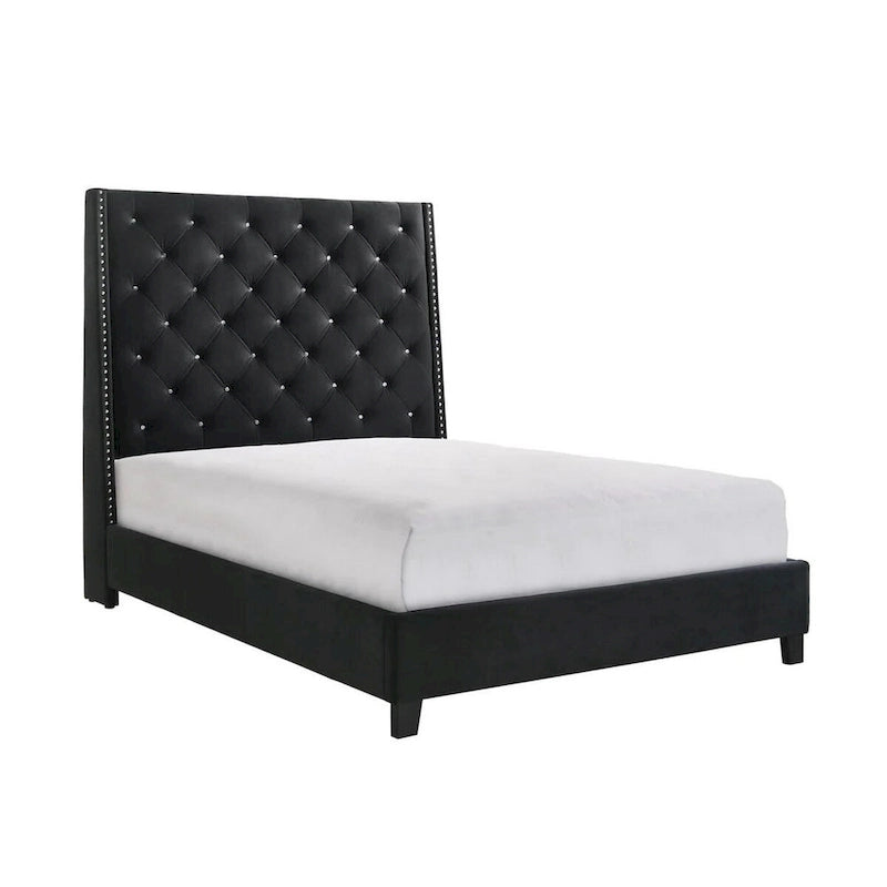 Maze Queen Size Bed, Button Tufted, Nailhead Trim, Black Fabric Upholstery