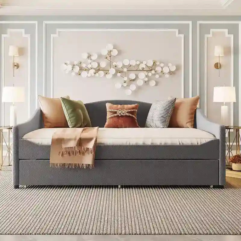 Teddy Fleece Full Size Upholstered Daybed with LED Light and Trundle