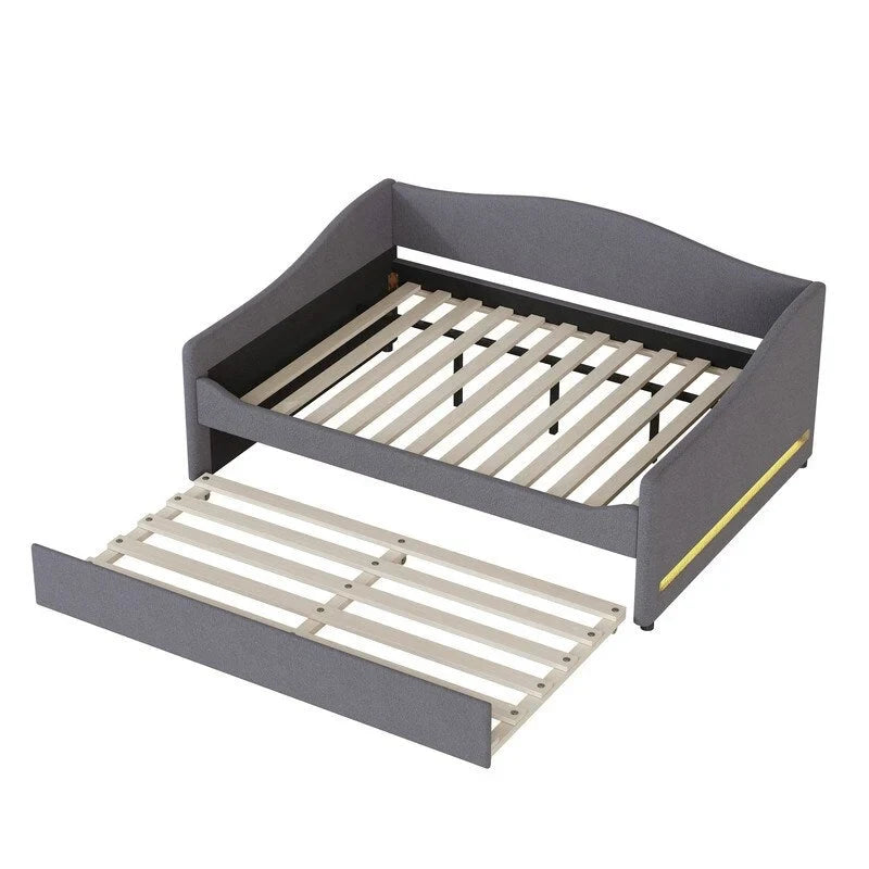 Teddy Fleece Full Size Upholstered Daybed with LED Light and Trundle