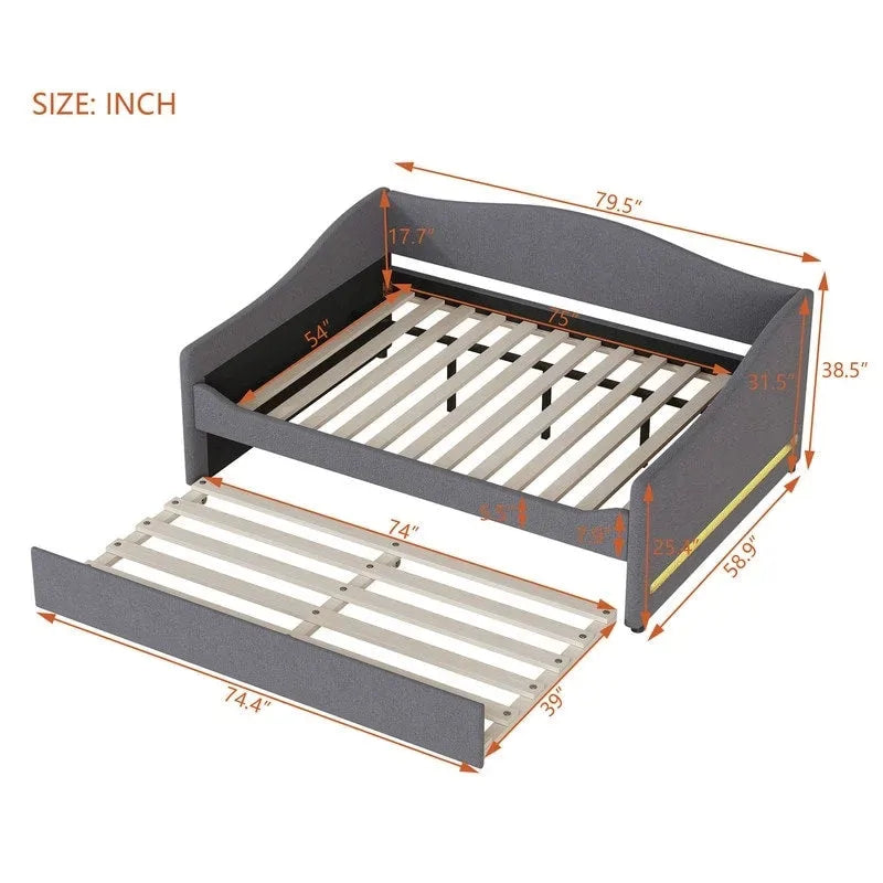 Teddy Fleece Full Size Upholstered Daybed with LED Light and Trundle