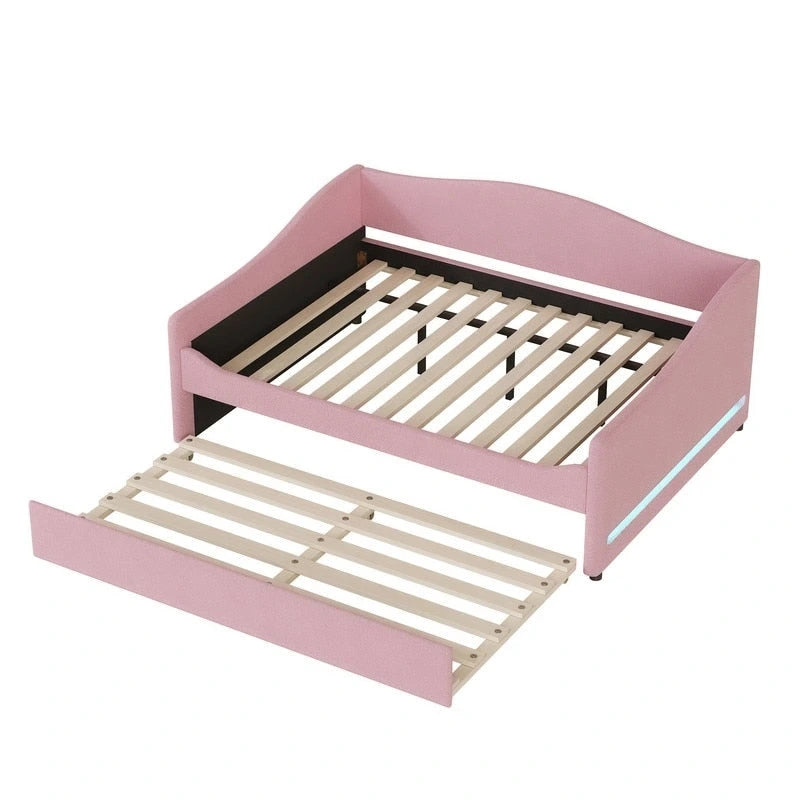 Teddy Fleece Full Size Upholstered Daybed with LED Light and Trundle