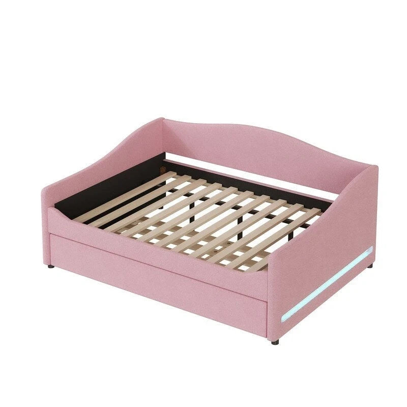 Teddy Fleece Full Size Upholstered Daybed with LED Light and Trundle