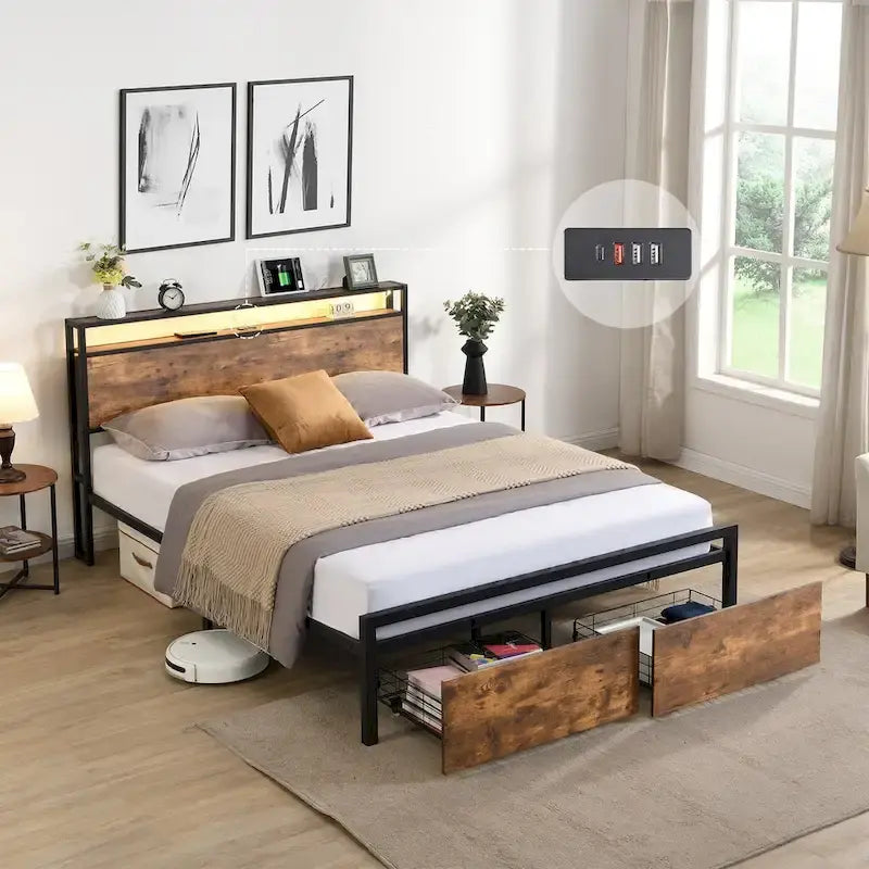 Full Size Bed Frame with Storage Headboard and 2 Drawers,LED Lights Bed with Charging Station
