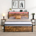 Full Size Bed Frame with Storage Headboard and 2 Drawers,LED Lights Bed with Charging Station