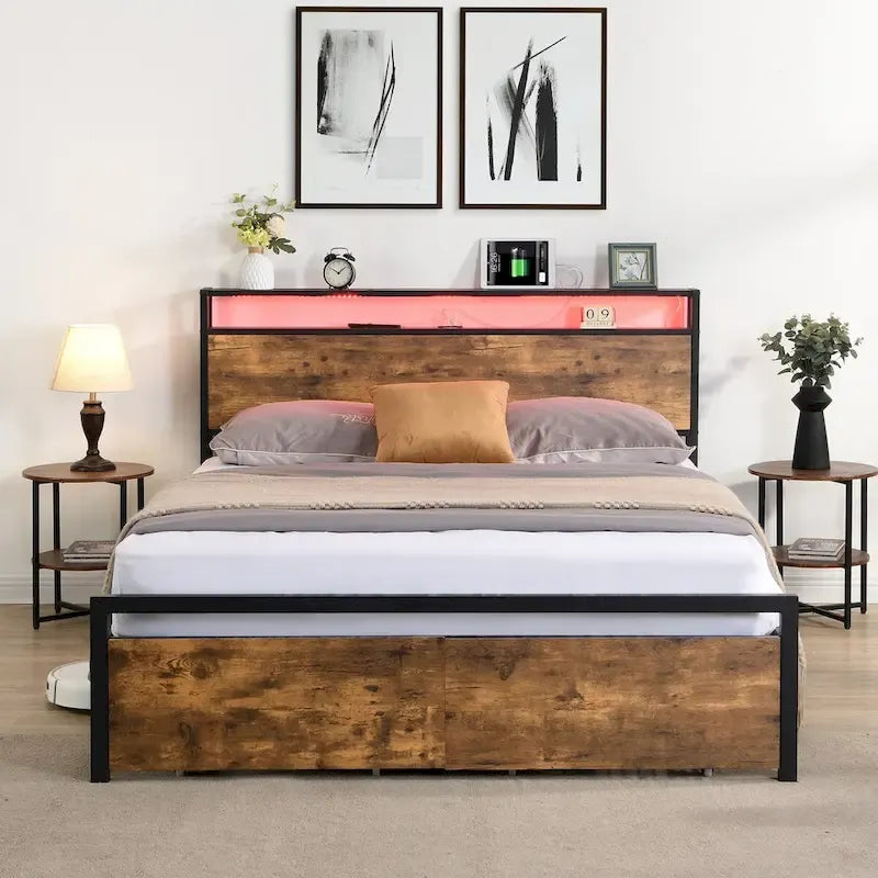Full Size Bed Frame with Storage Headboard and 2 Drawers,LED Lights Bed with Charging Station