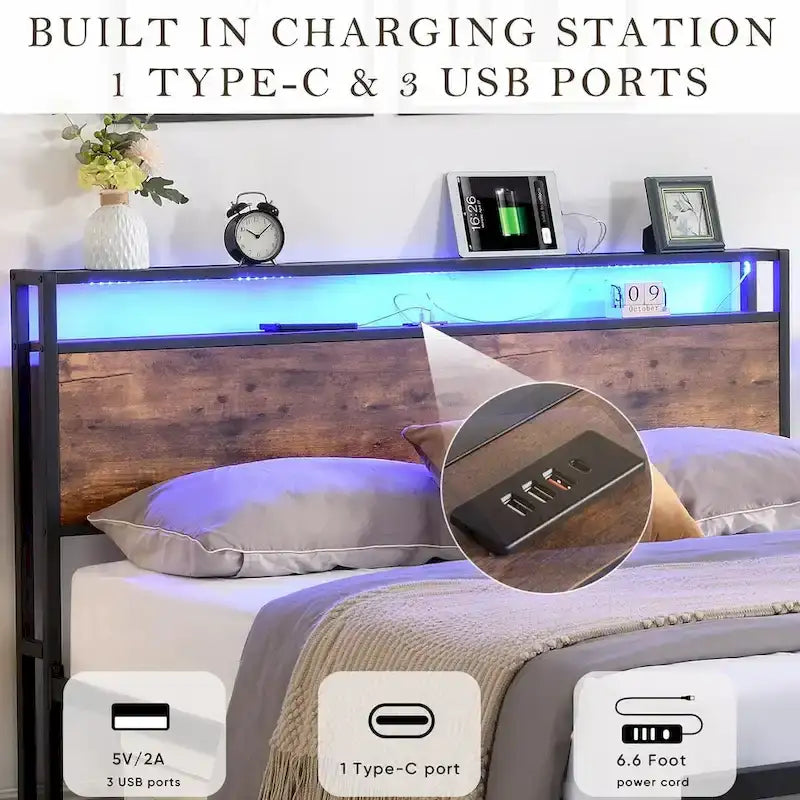Full Size Bed Frame with Storage Headboard and 2 Drawers,LED Lights Bed with Charging Station