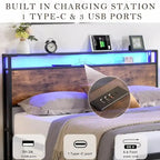 Full Size Bed Frame with Storage Headboard and 2 Drawers,LED Lights Bed with Charging Station