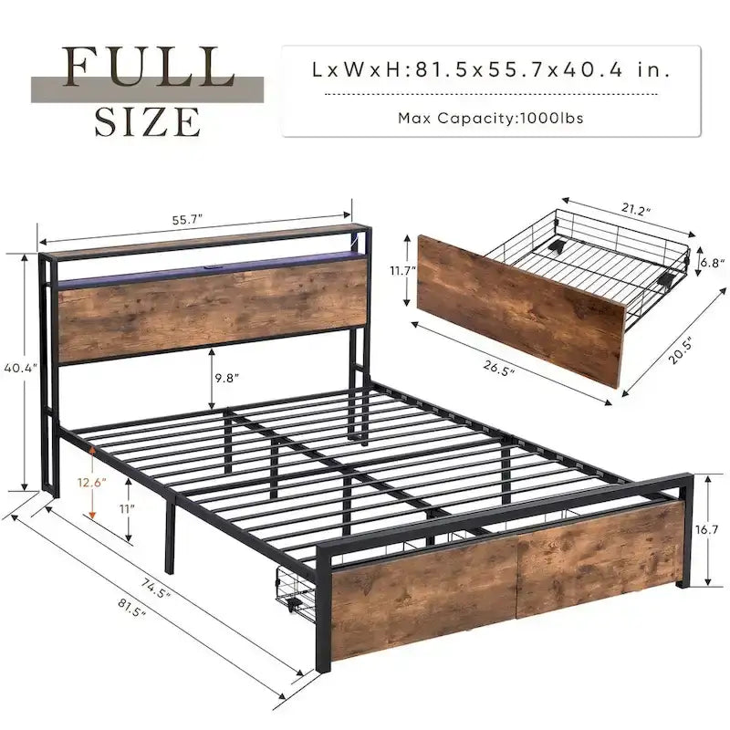 Full Size Bed Frame with Storage Headboard and 2 Drawers,LED Lights Bed with Charging Station