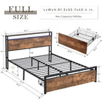 Full Size Bed Frame with Storage Headboard and 2 Drawers,LED Lights Bed with Charging Station