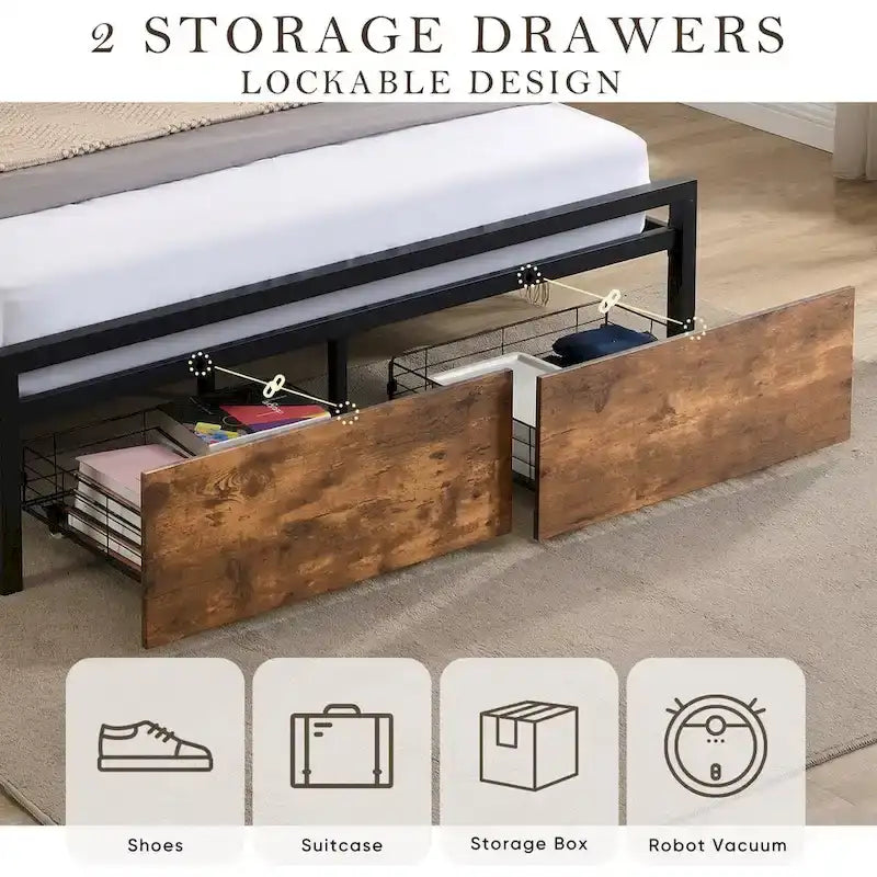 Full Size Bed Frame with Storage Headboard and 2 Drawers,LED Lights Bed with Charging Station