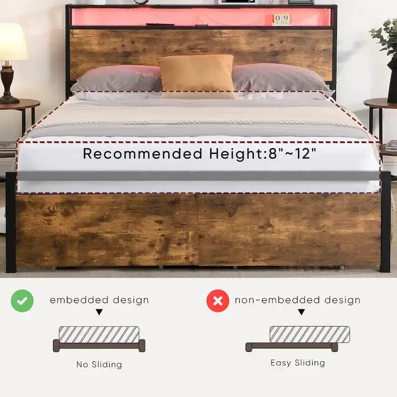 Full Size Bed Frame with Storage Headboard and 2 Drawers,LED Lights Bed with Charging Station
