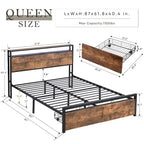 Full Size Bed Frame with Storage Headboard and 2 Drawers,LED Lights Bed with Charging Station