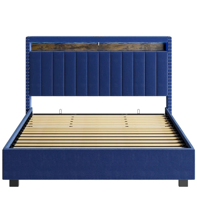King Size Gas Lift Storage Bed with RF LED Lights, Storage Headboard, King Size Velvet