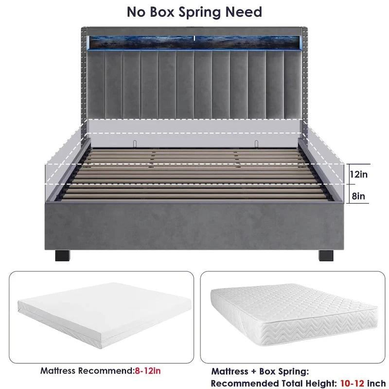 King Size Gas Lift Storage Bed with RF LED Lights, Storage Headboard, King Size Velvet