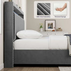 King Size Gas Lift Storage Bed with RF LED Lights, Storage Headboard, King Size Velvet