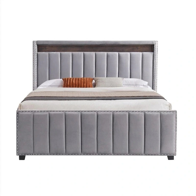 King Size Gas Lift Storage Bed with RF LED Lights, Storage Headboard, King Size Velvet