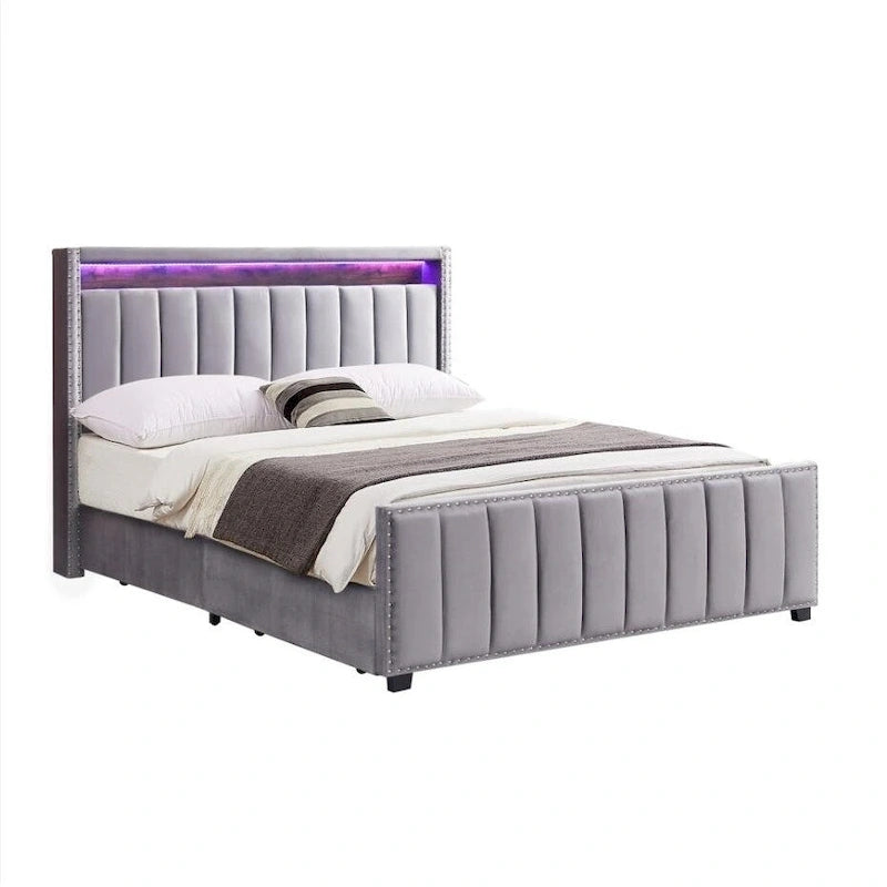 King Size Gas Lift Storage Bed with RF LED Lights, Storage Headboard, King Size Velvet