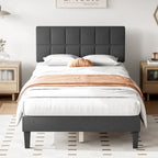 Twin Bed Frame, Upholstered Tufted Linen Platform Bed with Adjustable Height Headboard