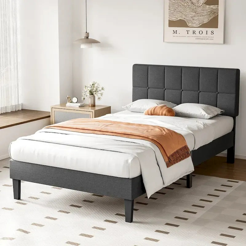 Twin Bed Frame, Upholstered Tufted Linen Platform Bed with Adjustable Height Headboard