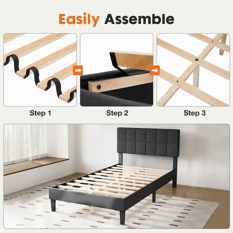 Twin Bed Frame, Upholstered Tufted Linen Platform Bed with Adjustable Height Headboard