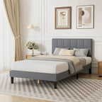 Twin Bed Frame, Upholstered Tufted Linen Platform Bed with Adjustable Height Headboard
