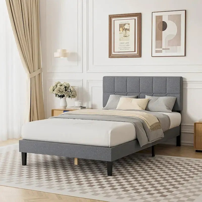 Twin Bed Frame, Upholstered Tufted Linen Platform Bed with Adjustable Height Headboard