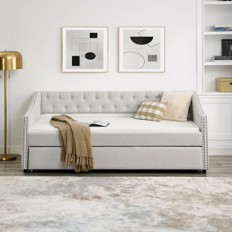 Twin Size Daybed with Trundle Upholstered Tufted Sofa Bed