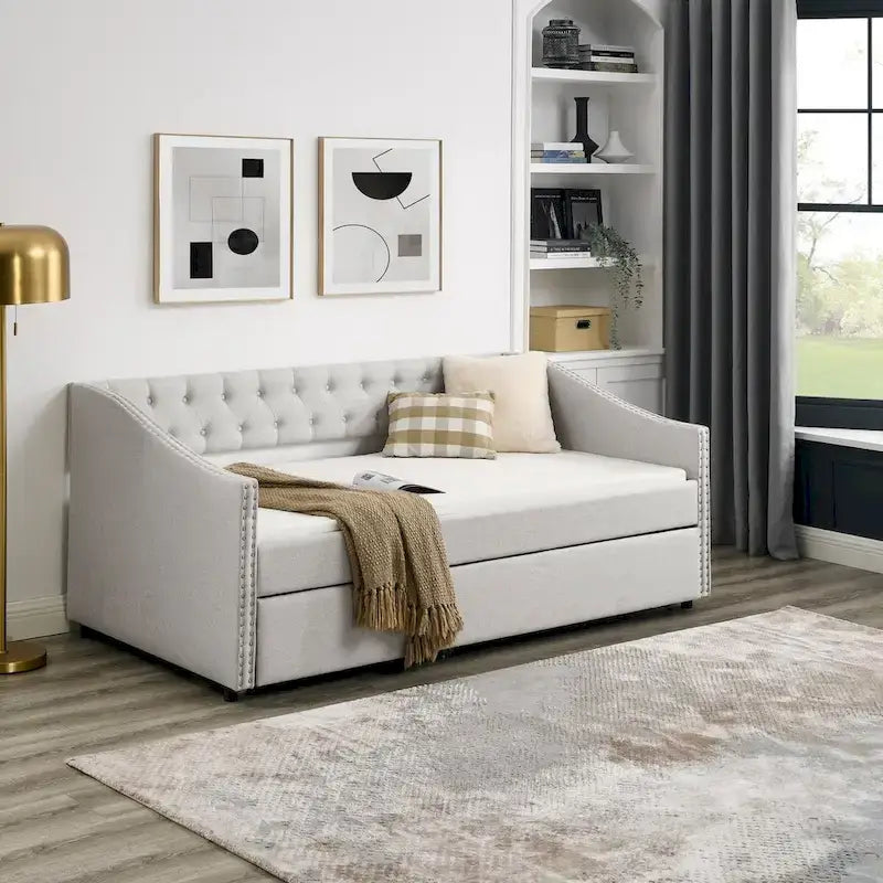 Twin Size Daybed with Trundle Upholstered Tufted Sofa Bed