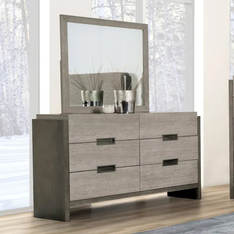 Furniture of America Cruz Contemporary Gray Solid Wood Panel 5-Piece Bed, 2 Nightstand, Dresser and Mirror Bedroom Set