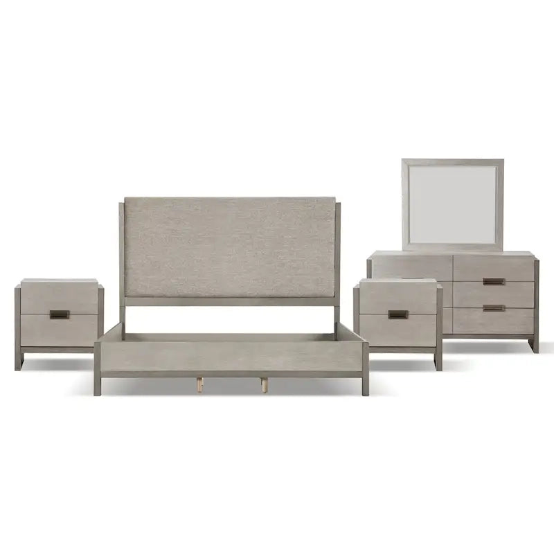 Furniture of America Cruz Contemporary Gray Solid Wood Panel 5-Piece Bed, 2 Nightstand, Dresser and Mirror Bedroom Set