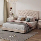 Queen Size Upholstered Bed Frame with Rivet Design, Modern Velvet Platform Bed with Tufted Headboard