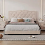Queen Size Upholstered Bed Frame with Rivet Design, Modern Velvet Platform Bed with Tufted Headboard