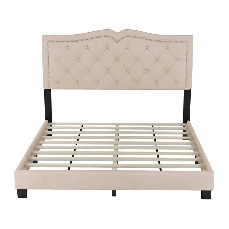 Queen Size Upholstered Bed Frame with Rivet Design, Modern Velvet Platform Bed with Tufted Headboard