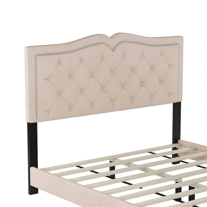 Queen Size Upholstered Bed Frame with Rivet Design, Modern Velvet Platform Bed with Tufted Headboard