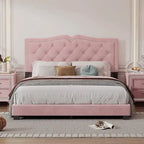 Queen Size Upholstered Bed Frame with Rivet Design, Modern Velvet Platform Bed with Tufted Headboard