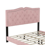 Queen Size Upholstered Bed Frame with Rivet Design, Modern Velvet Platform Bed with Tufted Headboard