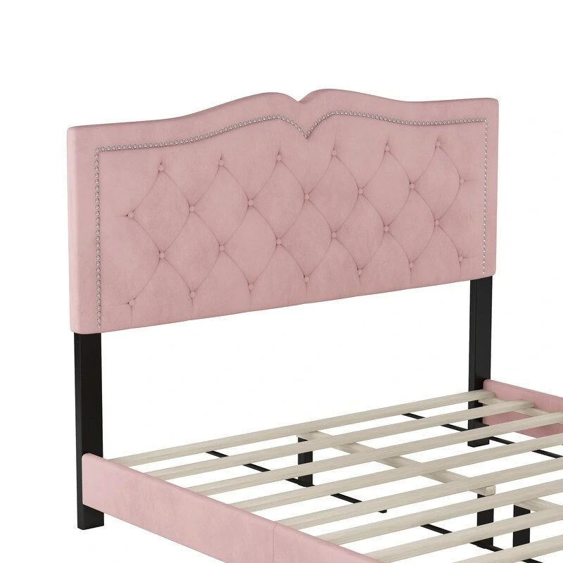 Queen Size Upholstered Bed Frame with Rivet Design, Modern Velvet Platform Bed with Tufted Headboard